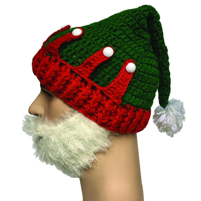 Kafeimali Unisex Christmas Winter Knitted Crochet Beanie Santa Hat with Beard Foldaway Bearded Caps (Red) - Image 3